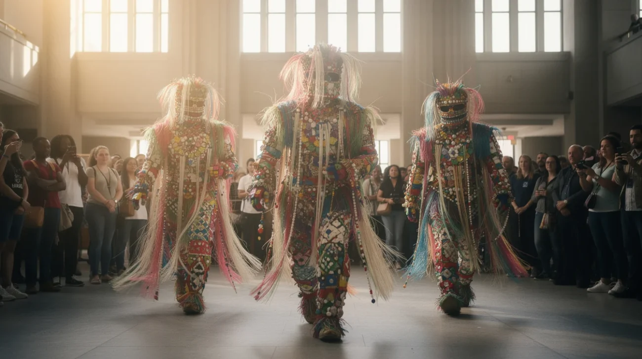 Editorial concept photograph exploring the concealment and collective movement of Nick Cave’s Soundsuits: three performers.