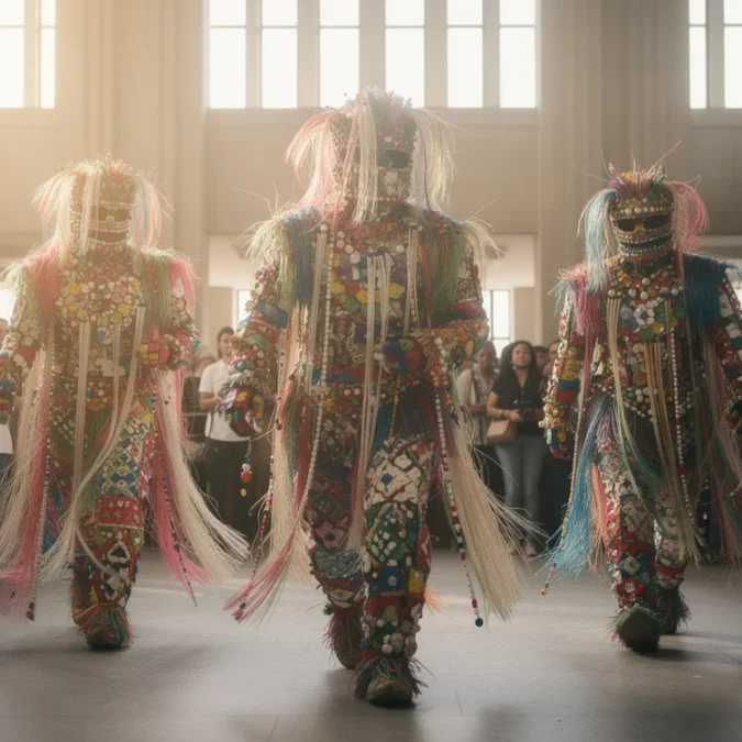 Editorial concept photograph exploring the concealment and collective movement of Nick Cave’s Soundsuits: three performers.