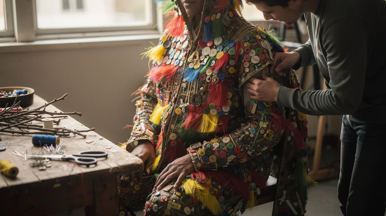 Editorial concept photograph of a backstage fitting for a sculptural performance costume, grounded in the material.