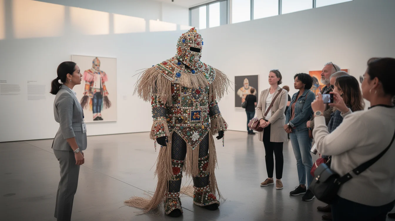 Editorial concept photograph examining museum spectatorship around Soundsuit-like wearable sculpture: a fully concealed performer in.