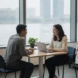 Editorial photograph illustrating a modest robotics-company reception on a lower floor of an office tower along.