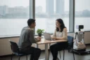 Editorial photograph illustrating a modest robotics-company reception on a lower floor of an office tower along.