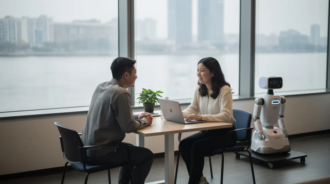 Editorial photograph illustrating a modest robotics-company reception on a lower floor of an office tower along.