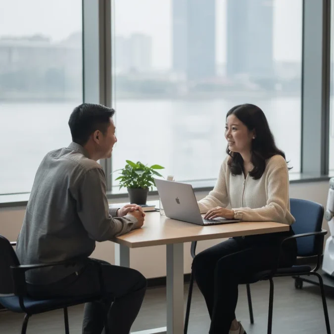 Editorial photograph illustrating a modest robotics-company reception on a lower floor of an office tower along.