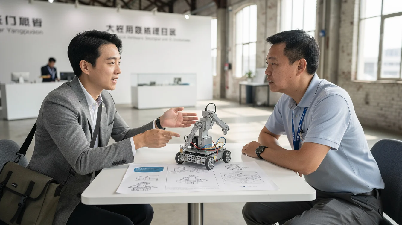 Editorial photograph of an invited visitor and robotics engineer talking across a small table in.