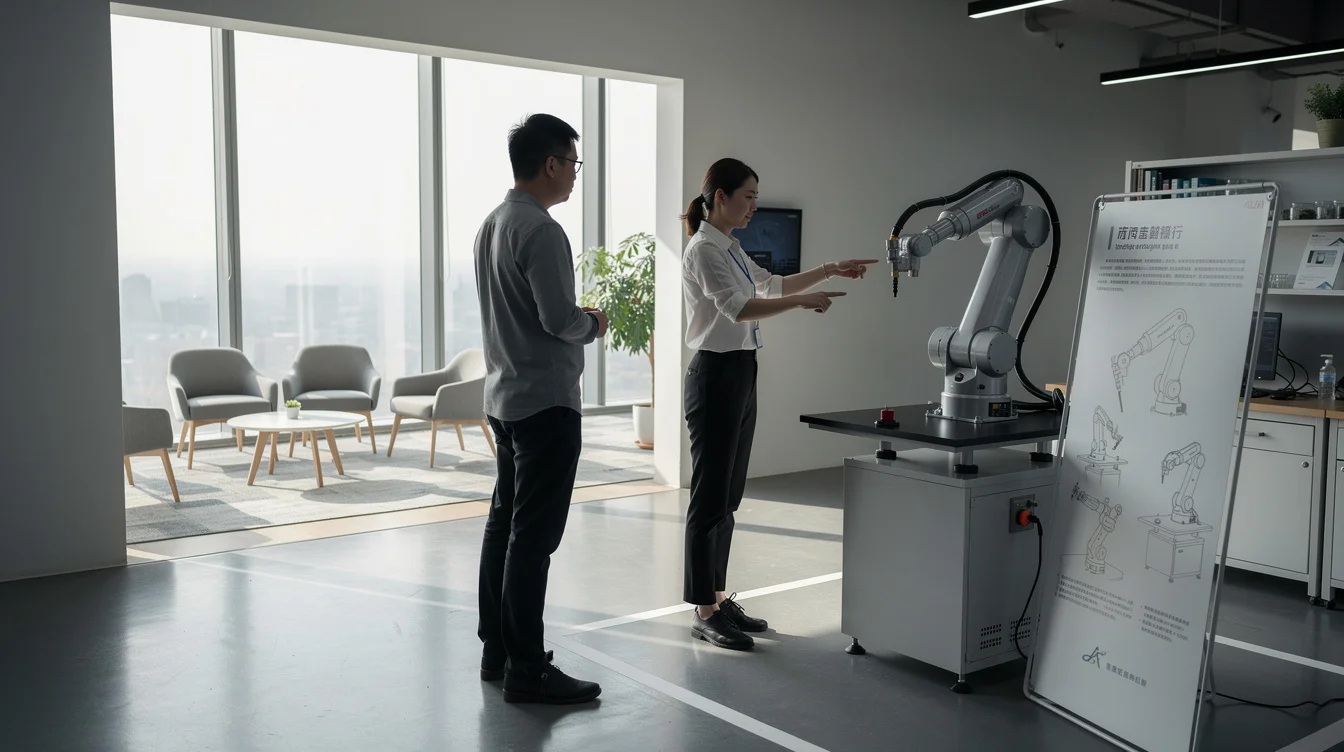 Editorial photograph inside an illustrative robotics exhibition adjoining an office laboratory in Shanghai. A visitor stands.