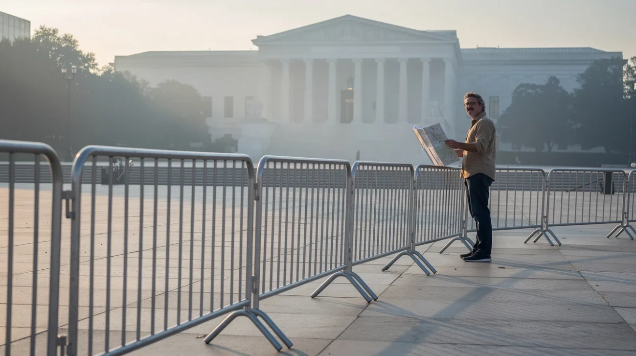 Editorial photograph of an existing civic pedestrian space in Washington DC at dawn, temporary metal security.