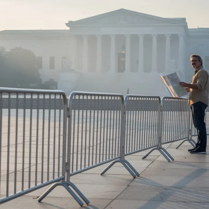 Editorial photograph of an existing civic pedestrian space in Washington DC at dawn, temporary metal security.