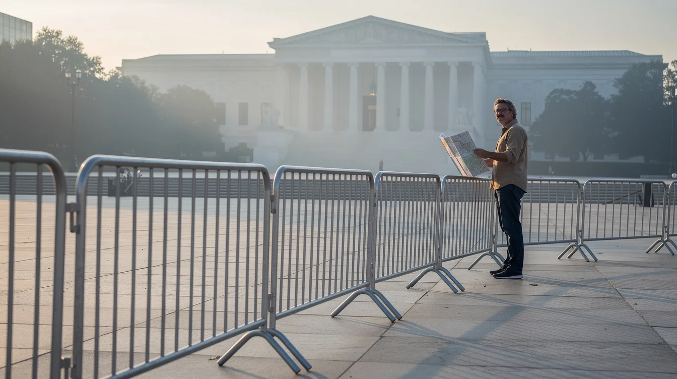 Editorial photograph of an existing civic pedestrian space in Washington DC at dawn, temporary metal security.