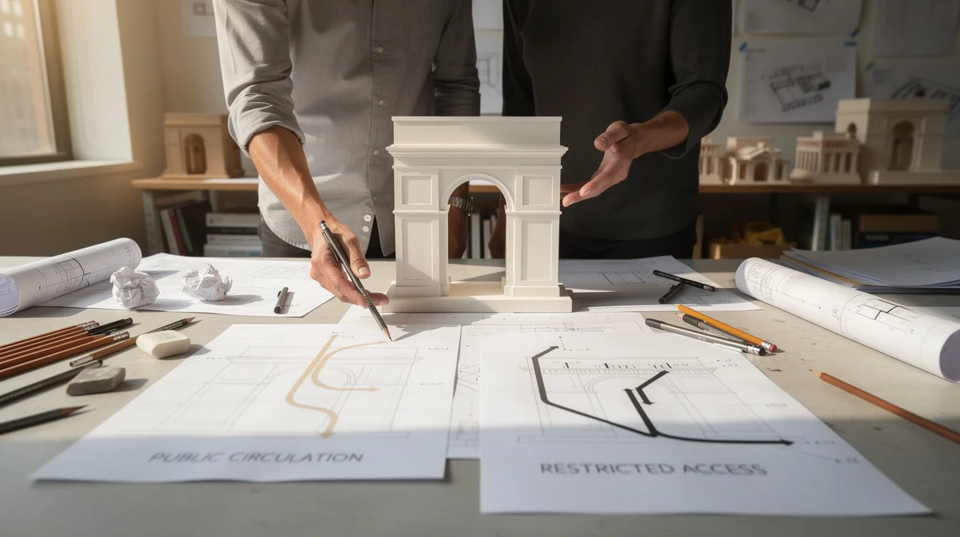 Staged editorial photograph inside a Washington DC architecture studio: two designers examining a generic plaster triumphal-arch.