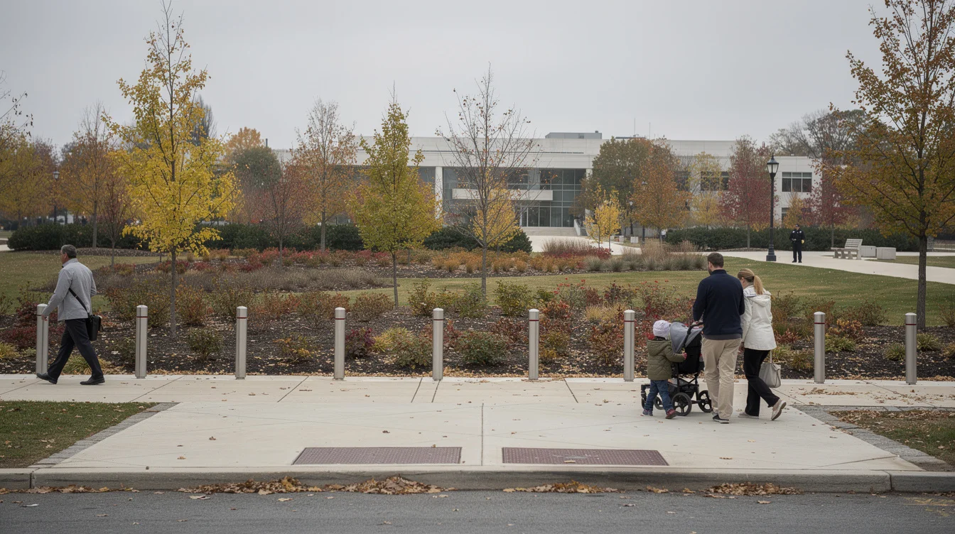 Editorial street photograph in Washington DC showing a family and a lone pedestrian walking beside permanent.