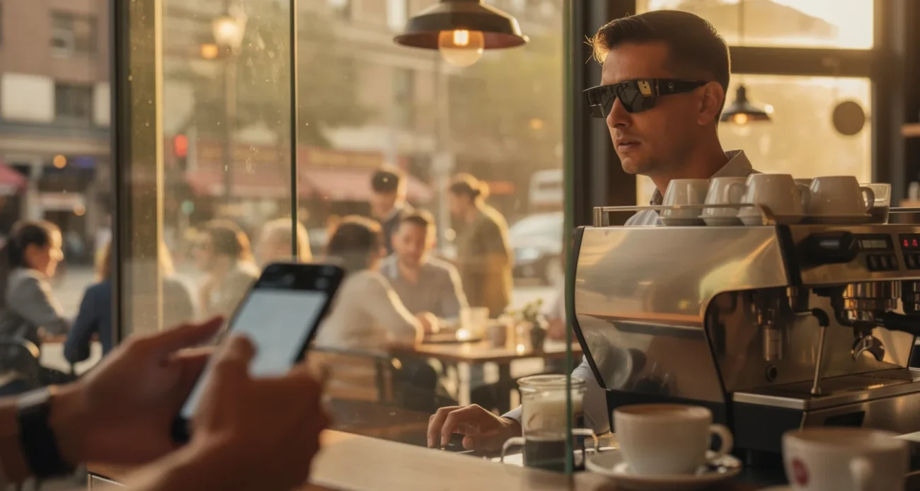 Editorial photograph inside a busy street-corner café at late afternoon: a customer wearing black Ray-Ban Meta.