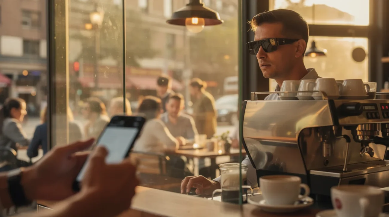 Editorial photograph inside a busy street-corner café at late afternoon: a customer wearing black Ray-Ban Meta.