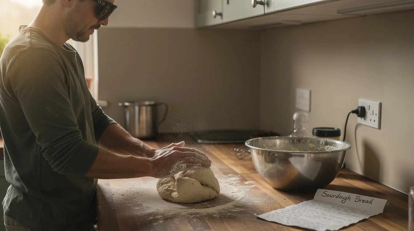 Editorial photograph of a home cook wearing Ray-Ban Meta smart glasses in a modest contemporary kitchen.