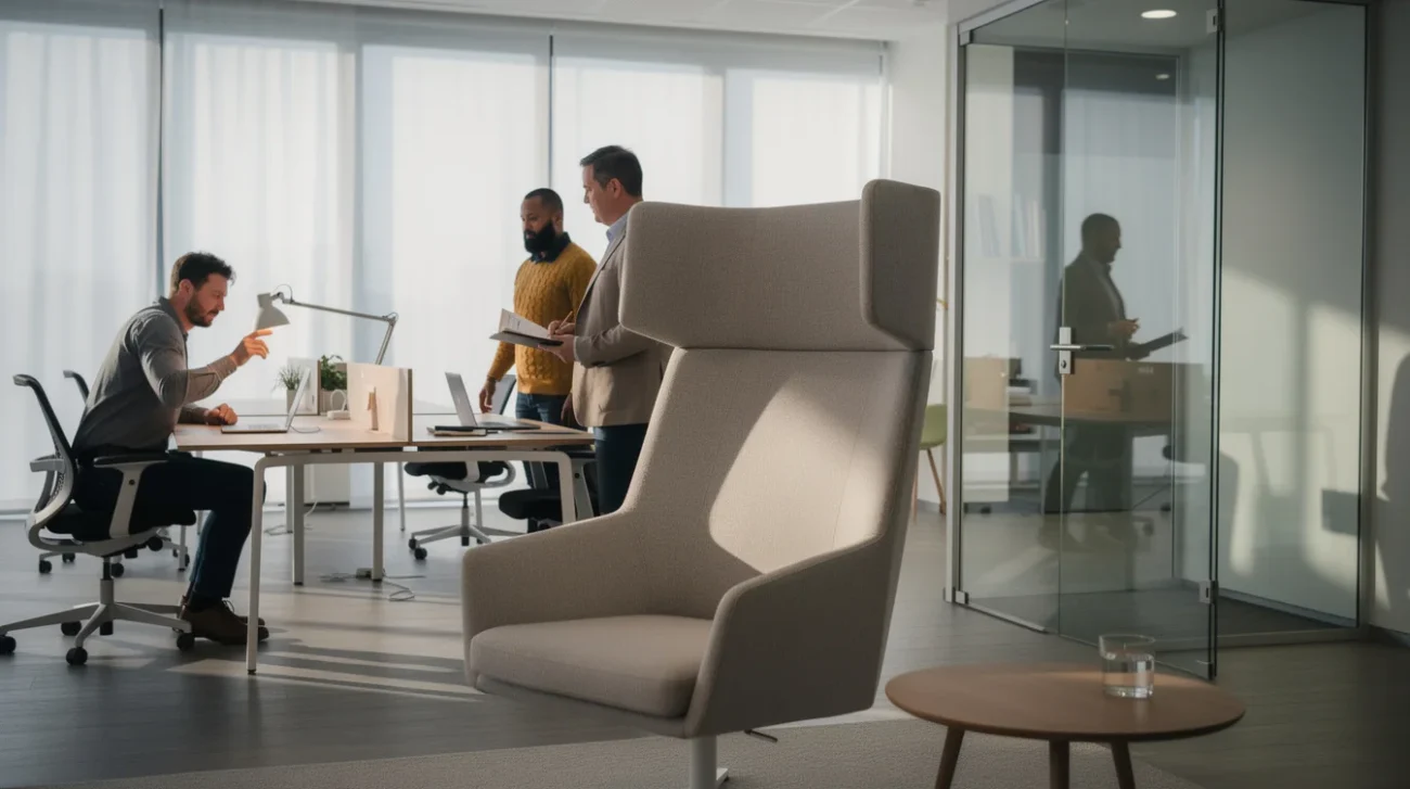 Editorial photograph inside a contemporary office furniture showroom being tested by adult users, a high-backed acoustic.