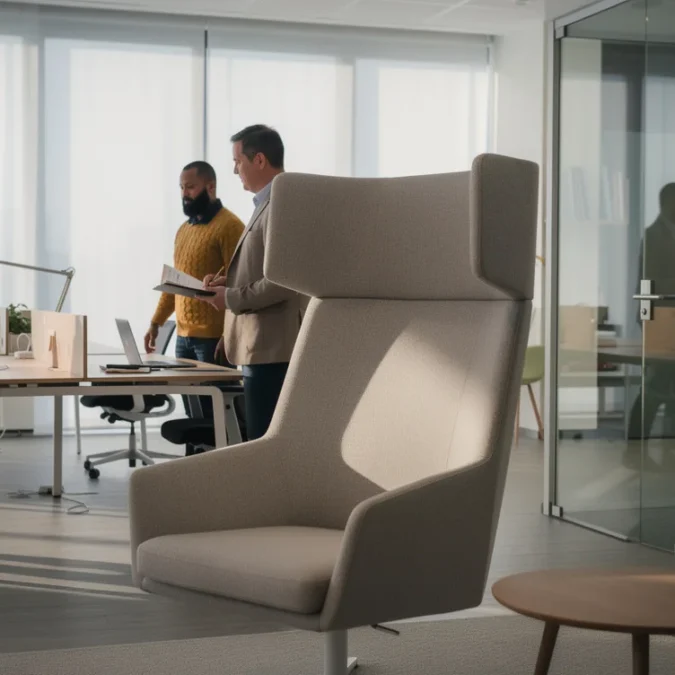 Editorial photograph inside a contemporary office furniture showroom being tested by adult users, a high-backed acoustic.