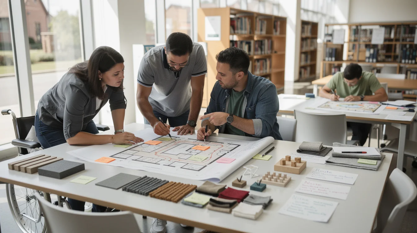 Documentary editorial photograph of a paid user-participation workshop for a library interior, four adults reviewing.