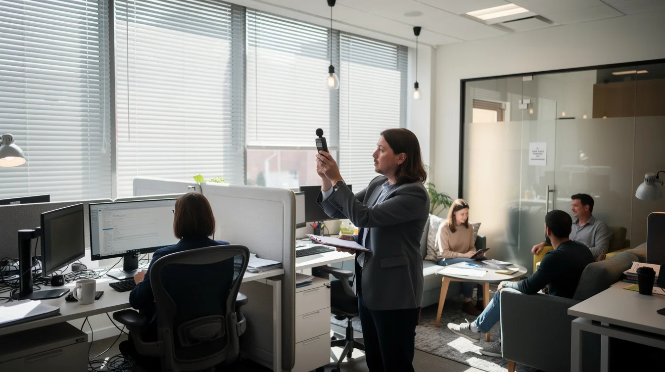 Wide editorial photograph during a post-occupancy review of a working open-plan office, an evaluator recording sound.