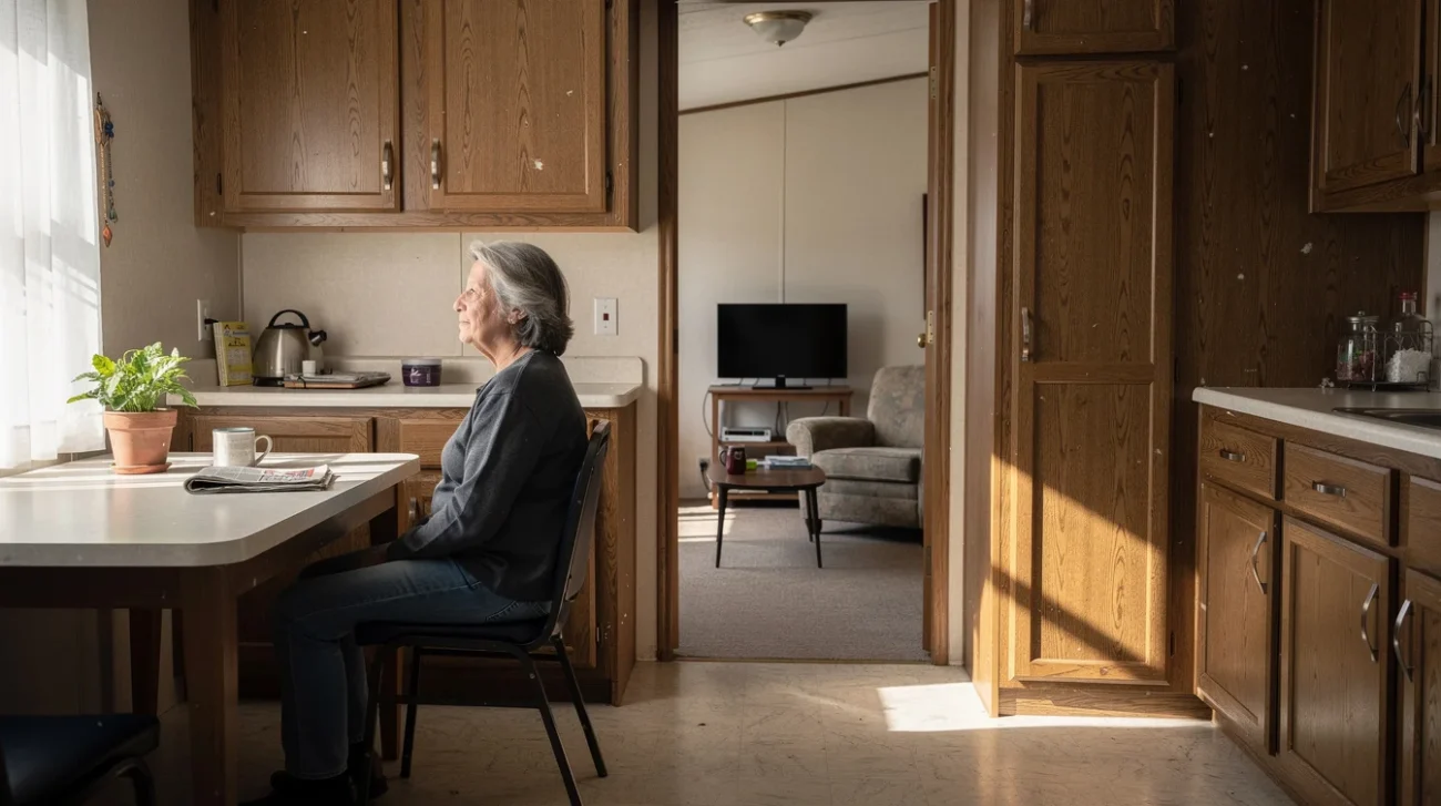 Editorial photograph inside a modest American manufactured home, a resident seated at a kitchen table beside.