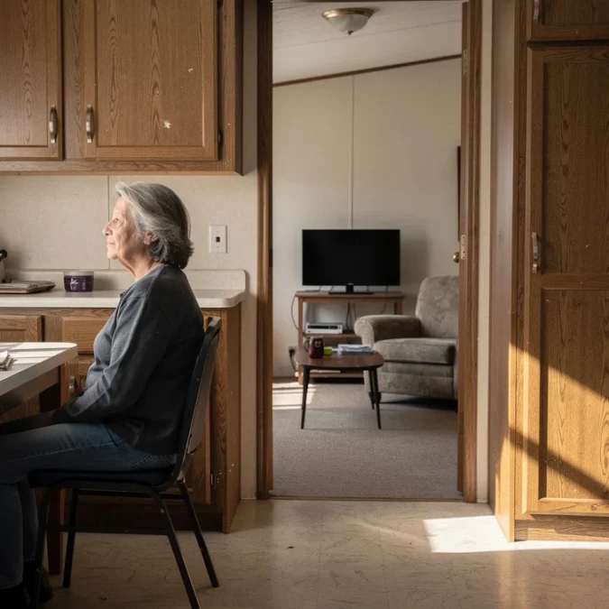 Editorial photograph inside a modest American manufactured home, a resident seated at a kitchen table beside.