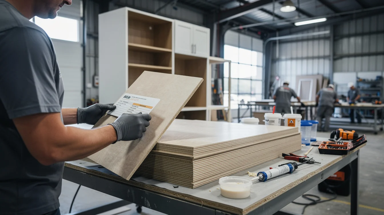 Editorial photograph of a materials researcher examining an unfinished composite-wood cabinet panel inside an American manufactured-home.