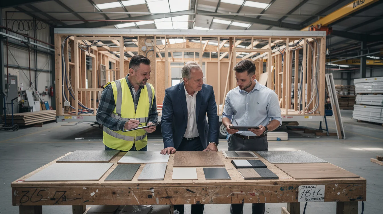 Editorial photograph of a procurement meeting in a manufactured-housing factory workshop, with a production manager, designer.