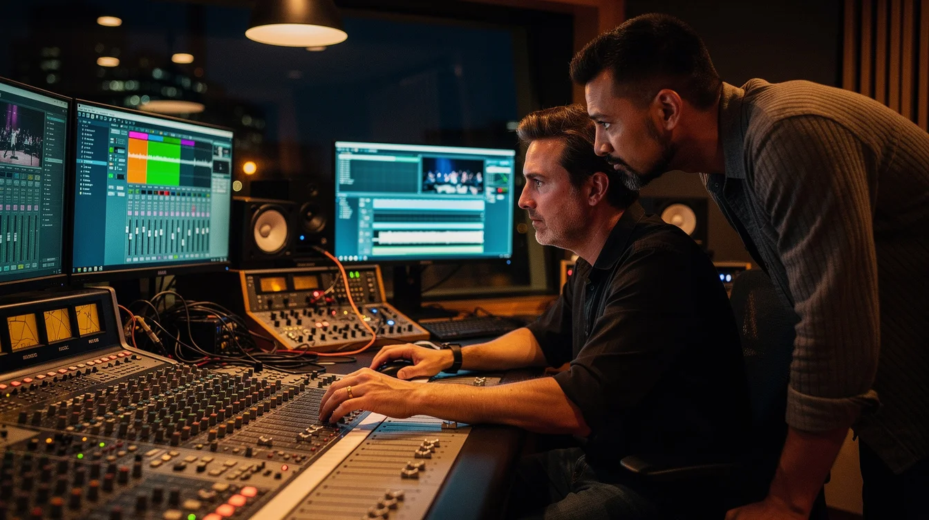 Editorial photograph inside a music production control room in Battersea, London, during an evening concert recording..