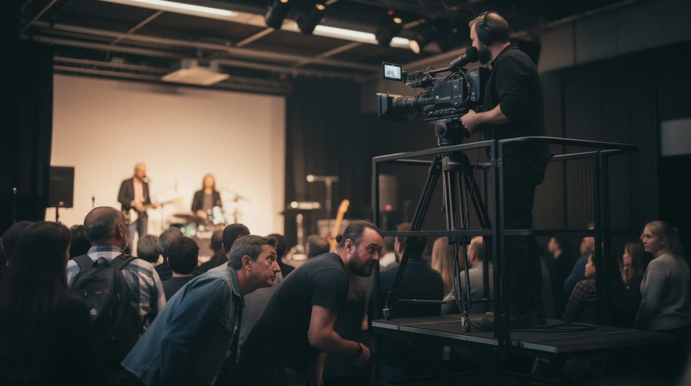 Editorial photograph from within a compact London concert audience, showing the tension between spectators and broadcast.