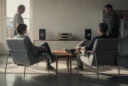 Editorial photograph imagining a domestic listening scene inside a furniture showroom in Farringdon, London, during London.