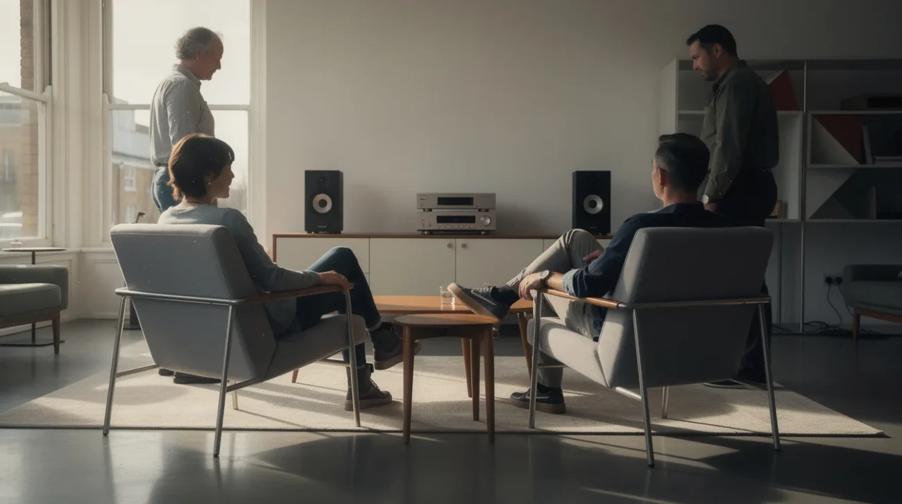 Editorial photograph imagining a domestic listening scene inside a furniture showroom in Farringdon, London, during London.
