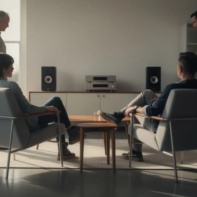 Editorial photograph imagining a domestic listening scene inside a furniture showroom in Farringdon, London, during London.