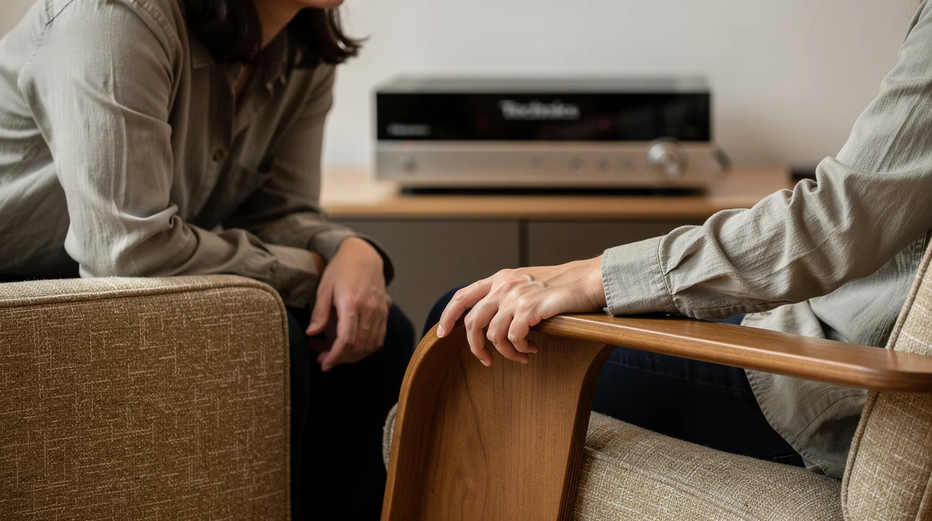 Close editorial photograph of two visitors listening in a Farringdon furniture showroom during London Design Festival.