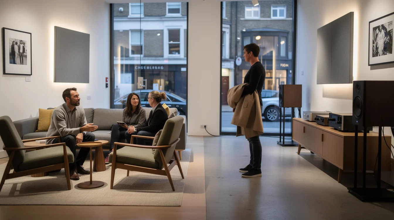 Wide editorial photograph imagining adjacent domestic listening arrangements in a Farringdon showroom during London Design Festival..