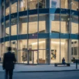 Editorial photograph of a glass-fronted postmodern civic-scale building in Chicago’s Loop, viewed from a busy sidewalk.