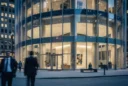 Editorial photograph of a glass-fronted postmodern civic-scale building in Chicago’s Loop, viewed from a busy sidewalk.