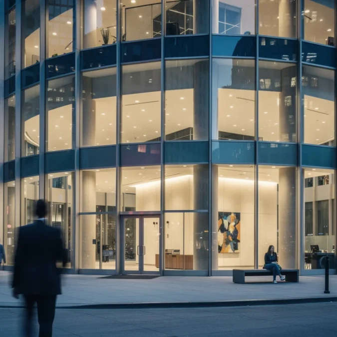Editorial photograph of a glass-fronted postmodern civic-scale building in Chicago’s Loop, viewed from a busy sidewalk.