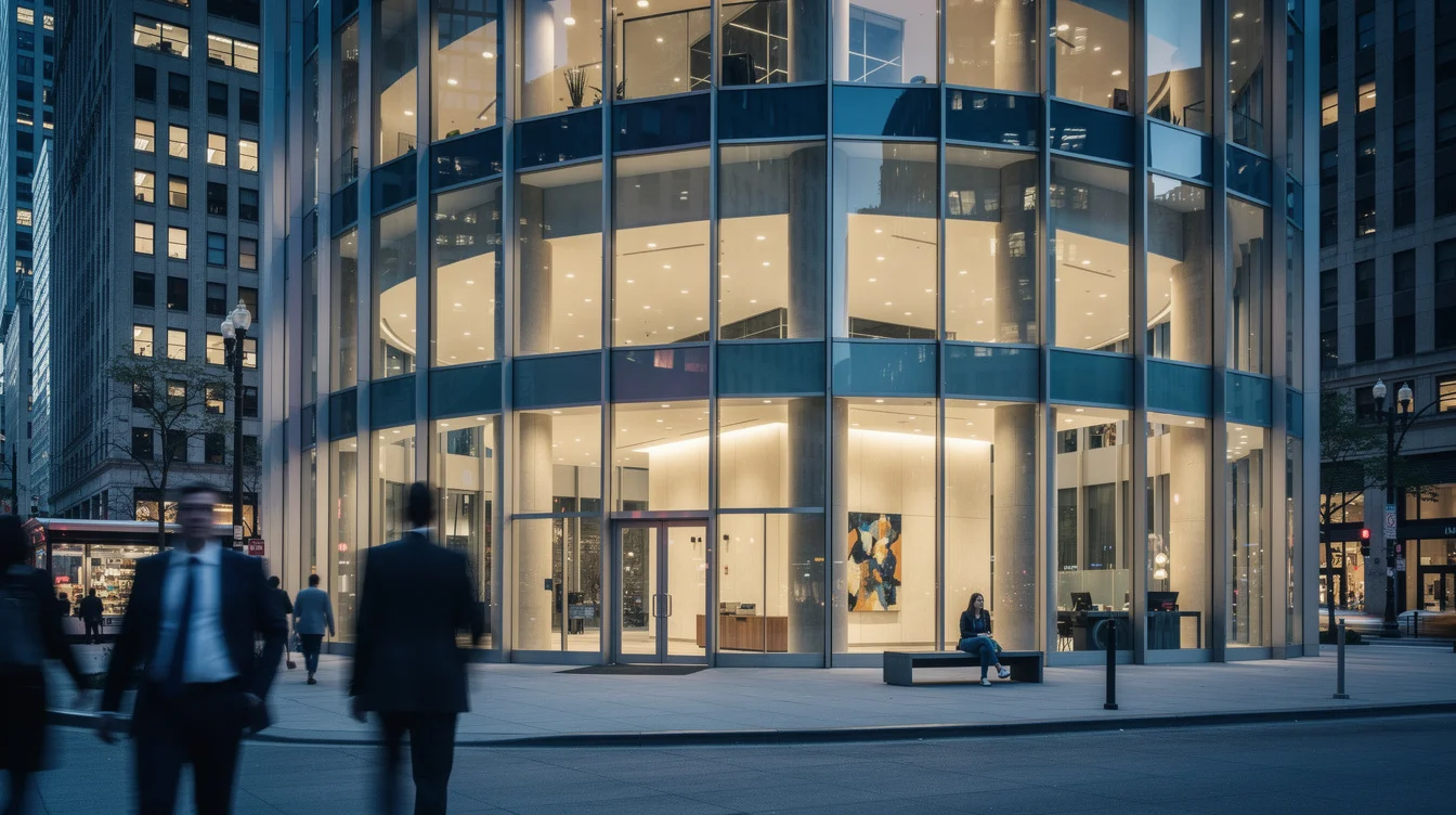 Editorial photograph of a glass-fronted postmodern civic-scale building in Chicago’s Loop, viewed from a busy sidewalk.