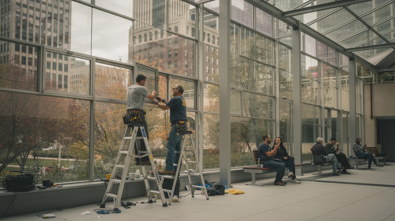 Editorial photograph inside a large late-twentieth-century glazed atrium in downtown Chicago, with maintenance specialists inspecting.