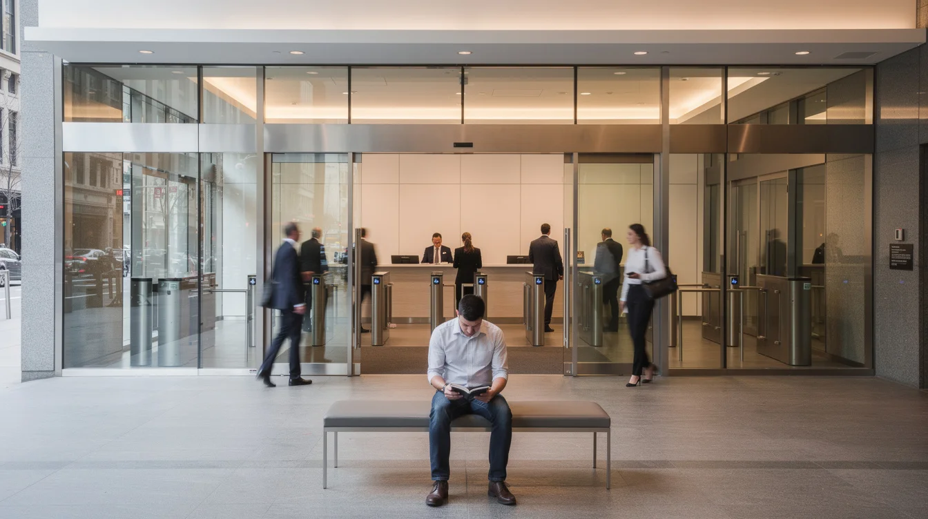 Editorial photograph of a downtown Chicago office lobby threshold, composed from a publicly accessible seating area.