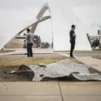 Editorial photograph in St Louis during Counterpublic, looking from pedestrian height across a small sidewalk plot.