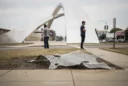 Editorial photograph in St Louis during Counterpublic, looking from pedestrian height across a small sidewalk plot.