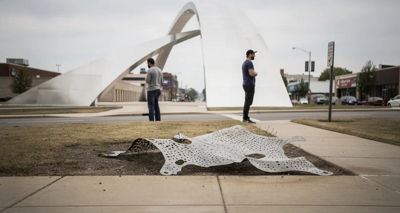 Editorial photograph in St Louis during Counterpublic, looking from pedestrian height across a small sidewalk plot.