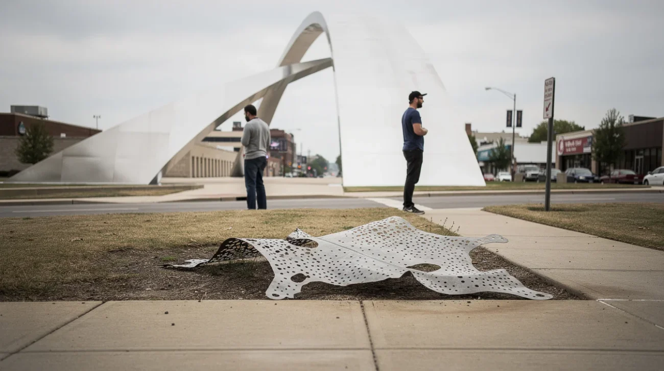 Editorial photograph in St Louis during Counterpublic, looking from pedestrian height across a small sidewalk plot.