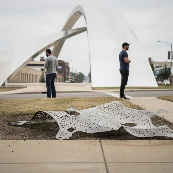 Editorial photograph in St Louis during Counterpublic, looking from pedestrian height across a small sidewalk plot.