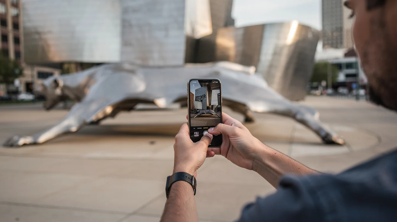 Close editorial photograph of a visitor on a St Louis sidewalk raising a phone toward.