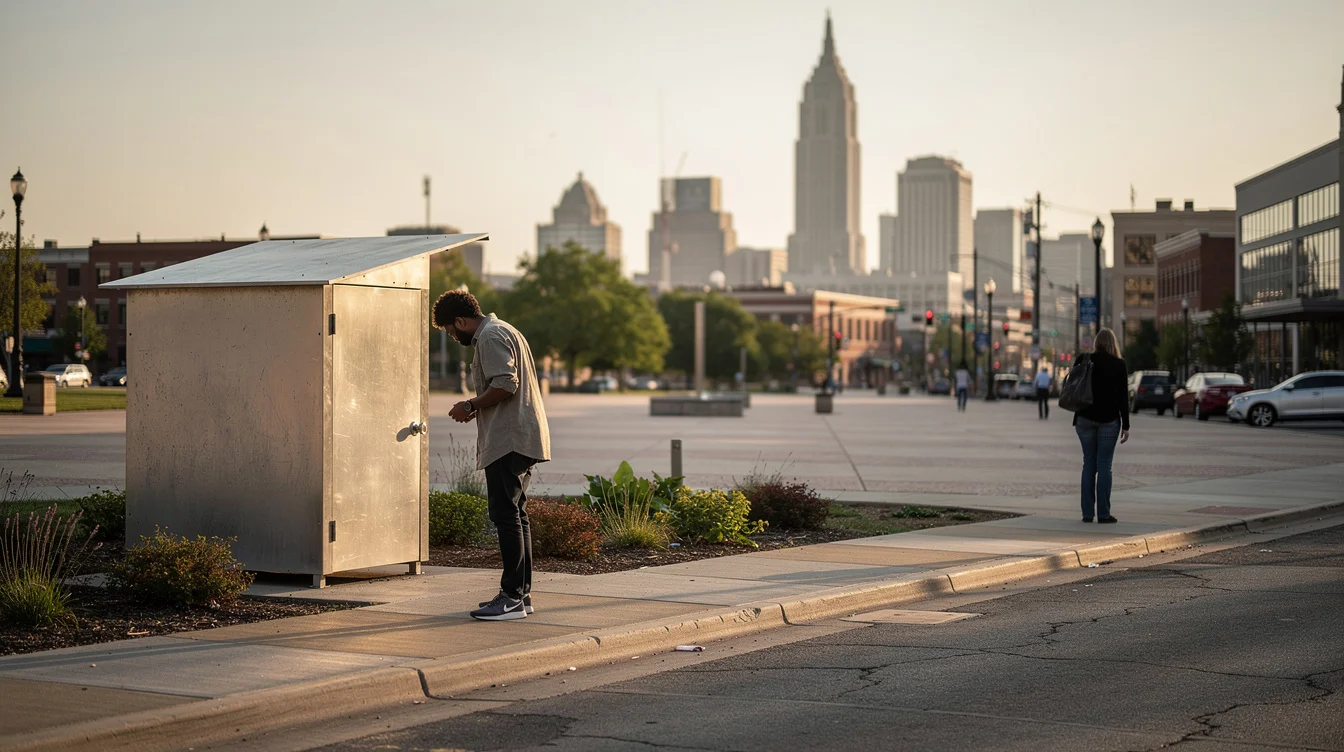 Wide editorial street photograph in St Louis during Counterpublic, showing visitors encountering a temporary hide-shaped metal.