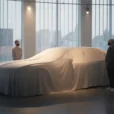 Editorial photograph exploring Bentley’s electric SUV transition: a full-size luxury SUV beneath a plain fitted reveal.
