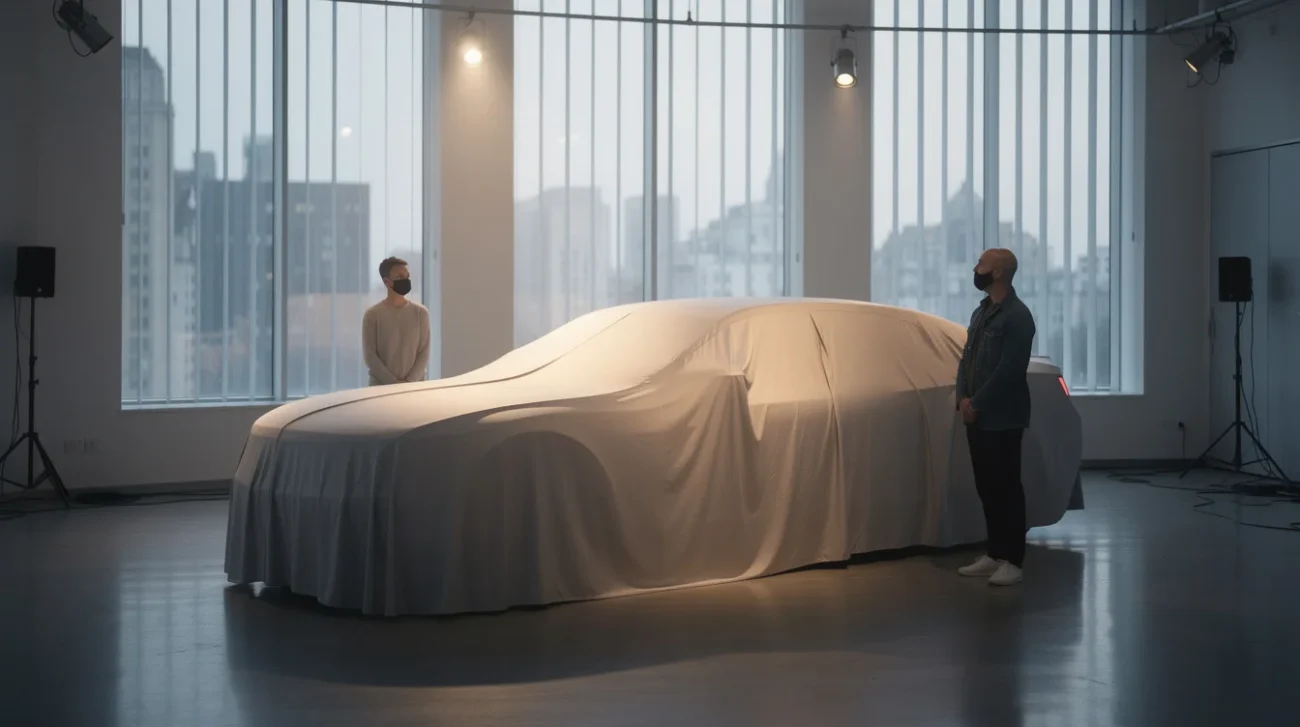Editorial photograph exploring Bentley’s electric SUV transition: a full-size luxury SUV beneath a plain fitted reveal.