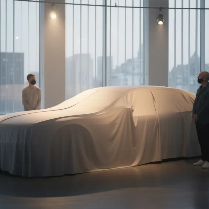 Editorial photograph exploring Bentley’s electric SUV transition: a full-size luxury SUV beneath a plain fitted reveal.
