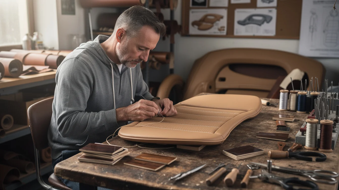 Editorial photograph inside a British automotive upholstery workshop, grounding Bentley’s heritage debate in skilled labour..